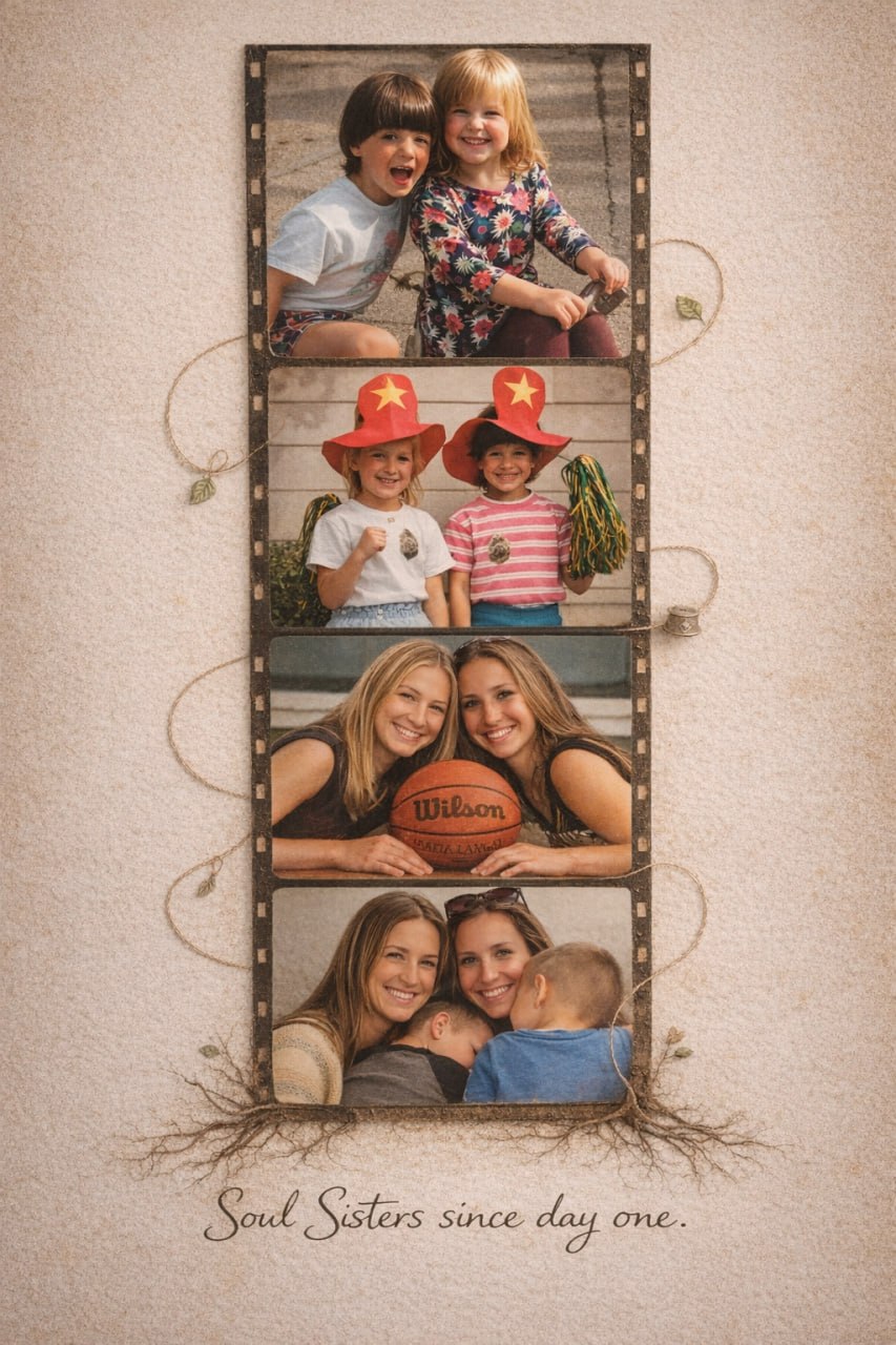Soul Sisters since day one — a vintage film strip showing Justine and Katie's friendship from childhood through motherhood